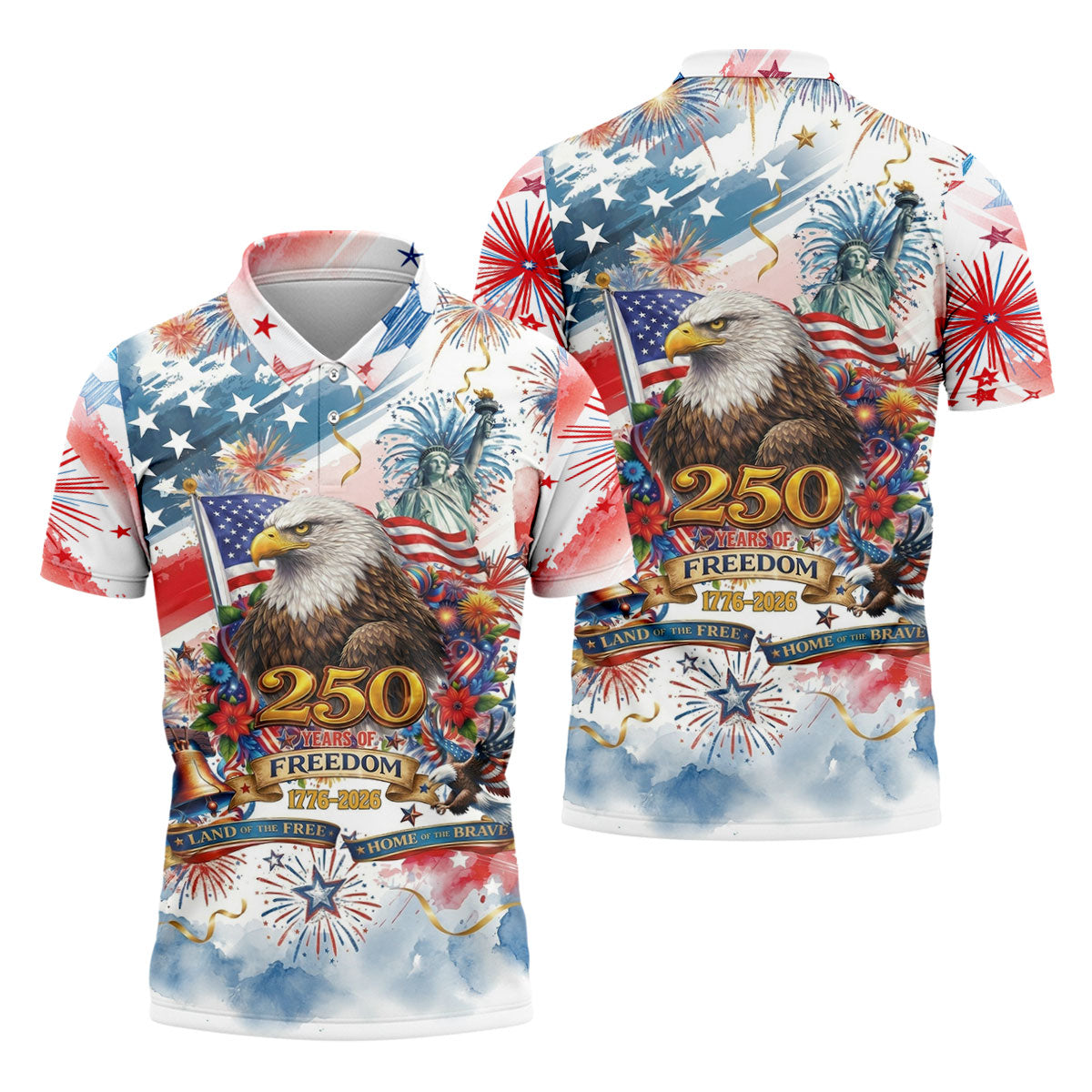 Land Of The Free Red White Blue Water Color Print 4th Of July Golf Shirt, 250 Years Golf Shirts For Men