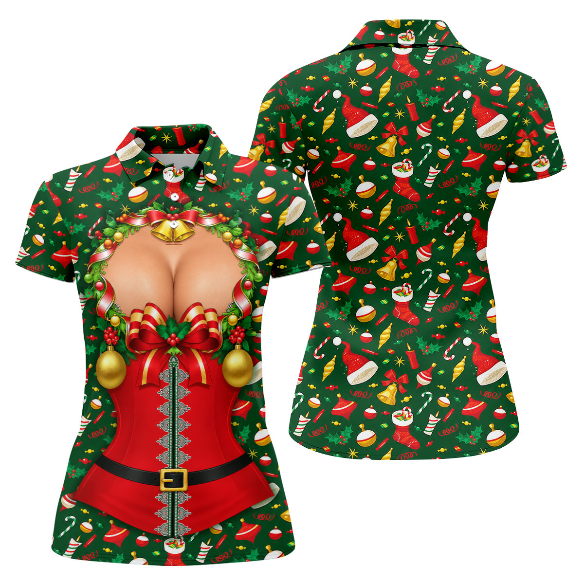 Festive Christmas Corset Bow Golf Polo Shirt, Christmas Golf Shirt, Women’s Golf Apparel