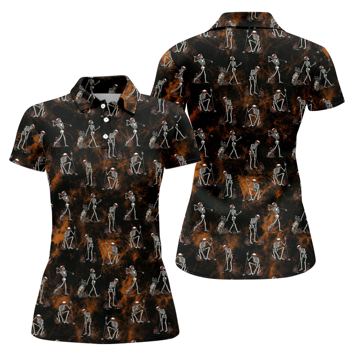 Skeleton Golfer Floral Halloween Polo Shirt, Hawaiian Golf Shirt, Ladies Golf Tops