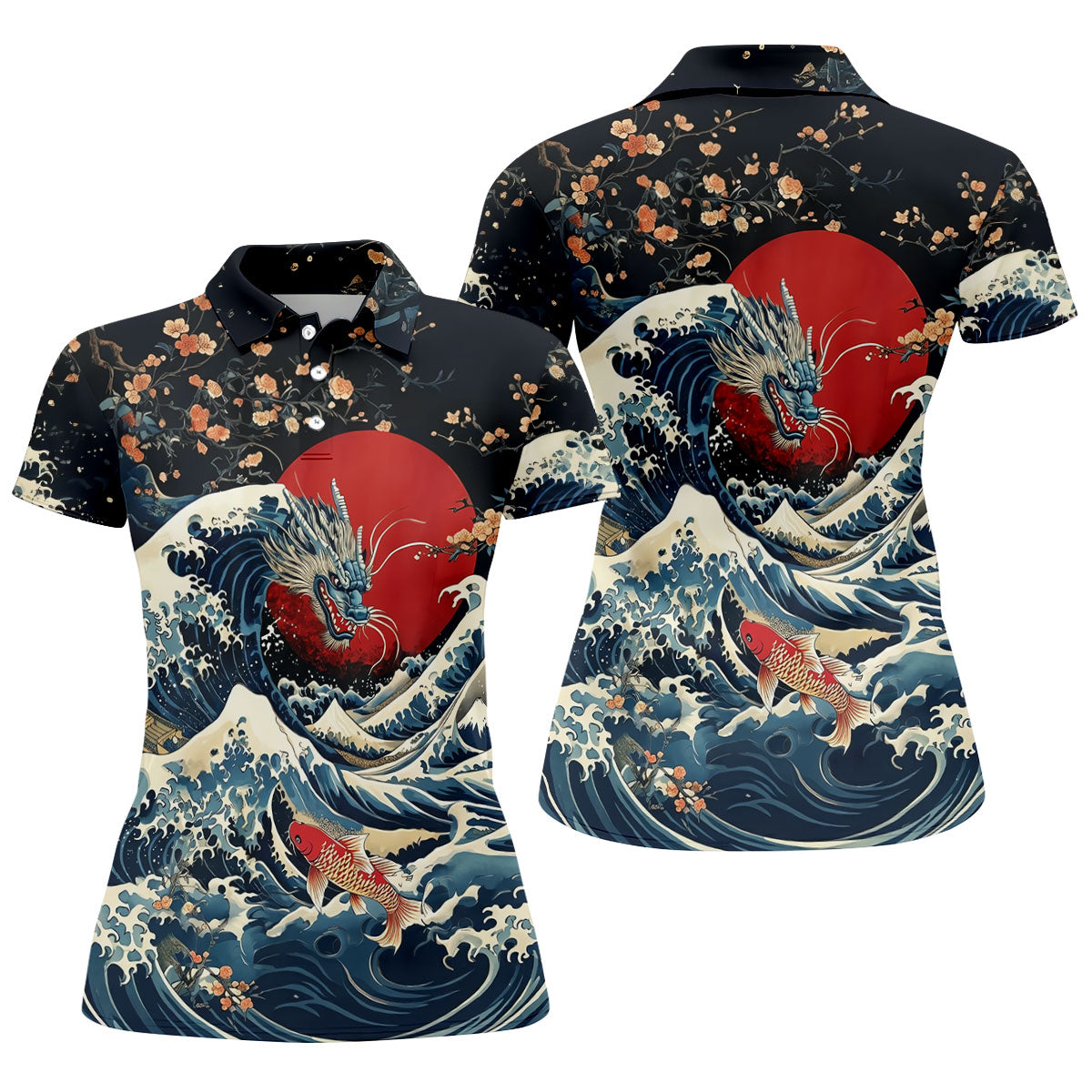 Japanese Dragon Koi Wave Hawaiian Golf Shirt, Golf Tops For Women, Women's Golf Polo