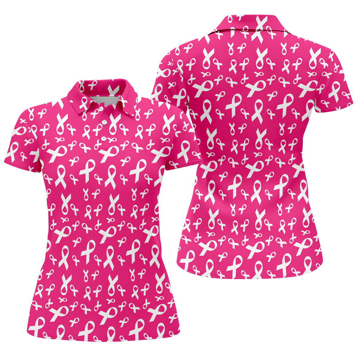 Hot Pink Breast Cancer Awareness Ribbon Polo Shirt, Ladies Golf Tops, Women’s Golf Polo