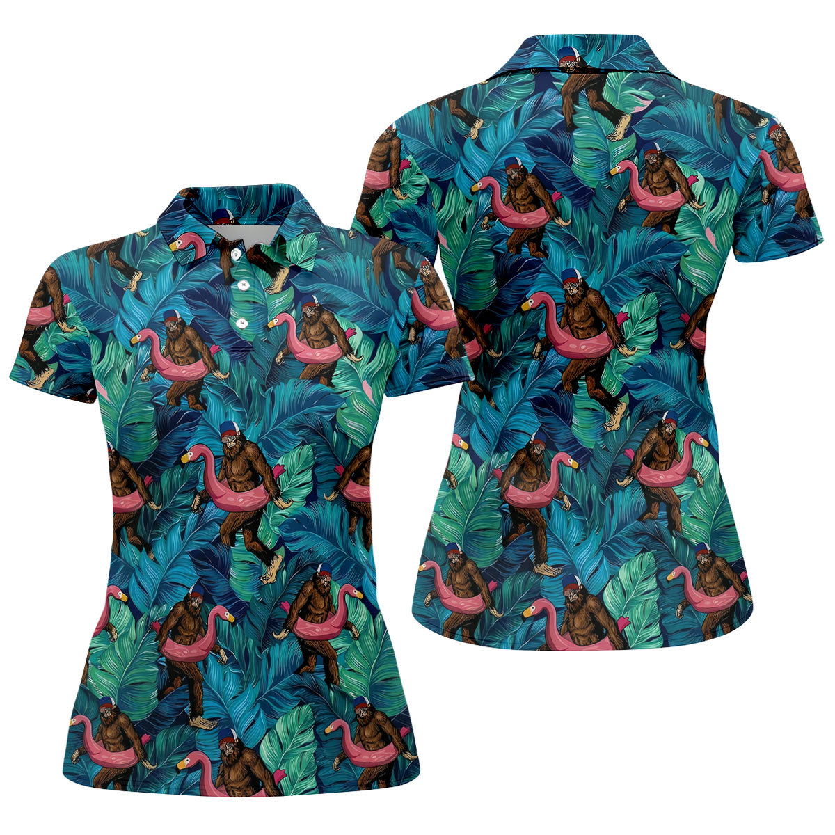 Bigfoot Flamingo Float Tropical Golf Polo Shirt, Golf Shirts For Women, Ladies Golf Tops
