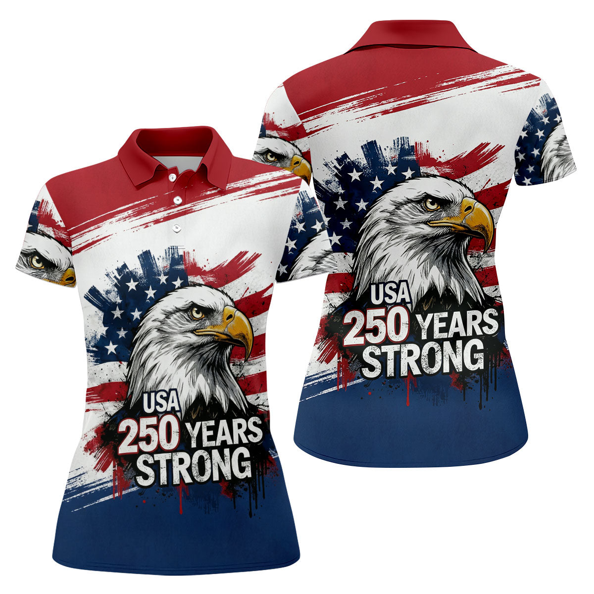 USA 250 Years Strong Bald Eagle American Flag Golf Shirt, Patriotic 4th Of July Golf Shirt For Women