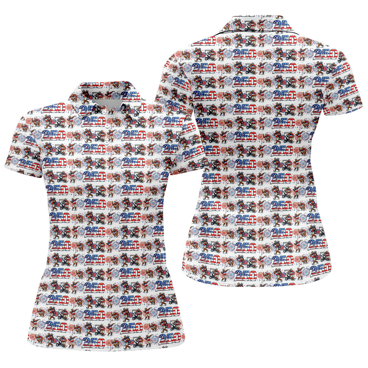 Funny Bigfoot Golf Pose Patriotic 4th Of July White Golf Shirt, 250 Years Golf Shirt For Women