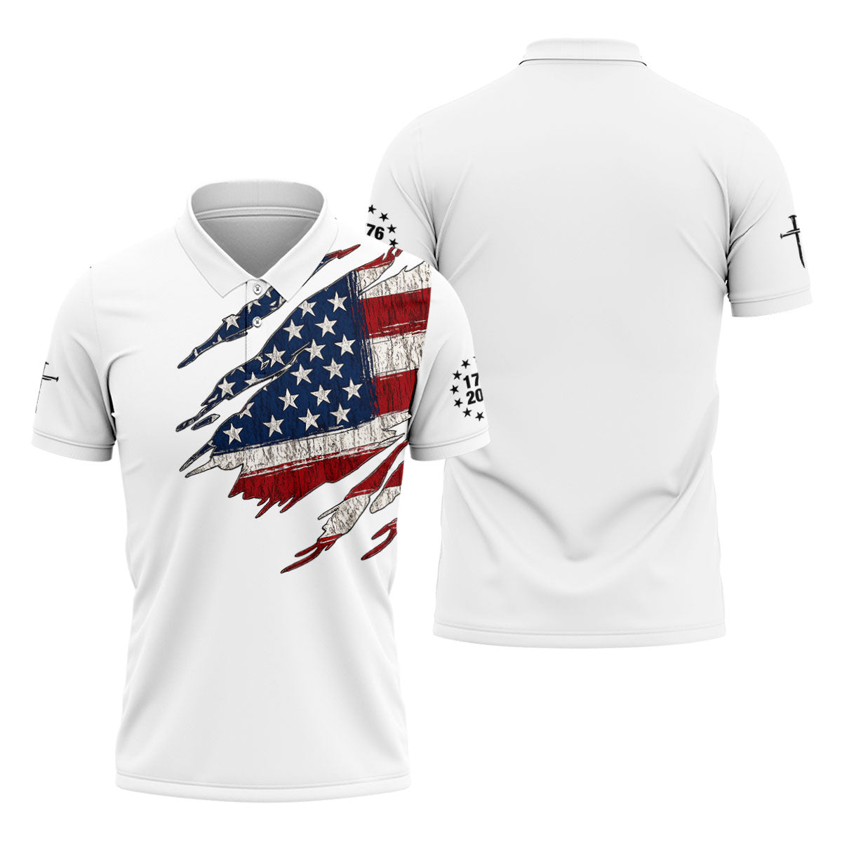 250th Anniversary Faith Cross Distressed USA Flag 4th Of July Golf Shirt, Patriotic Golf Shirt, Polo For Men