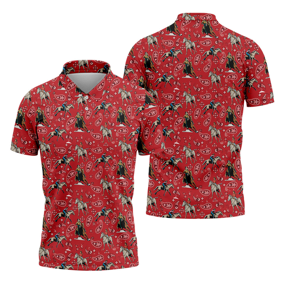 Red Cowboy Horse Paisley Pattern Golf Shirt, Mens Golf Polo, Golf Shirts For Men