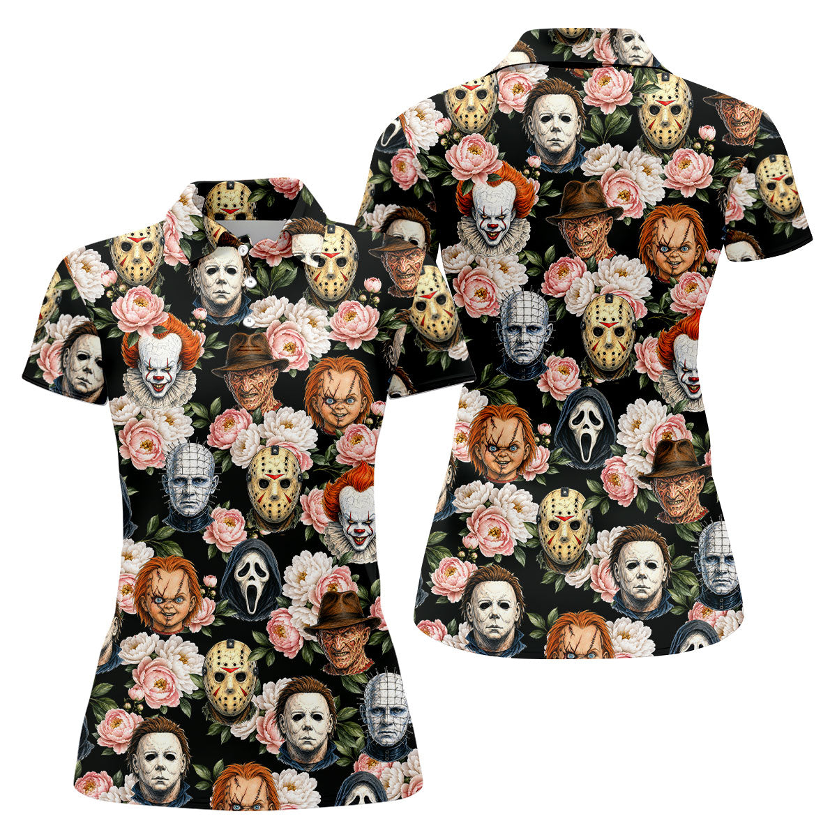 Horror Icons Floral Hawaiian Golf Shirt, Women's Golf Tops, Ladies Golf Shirts