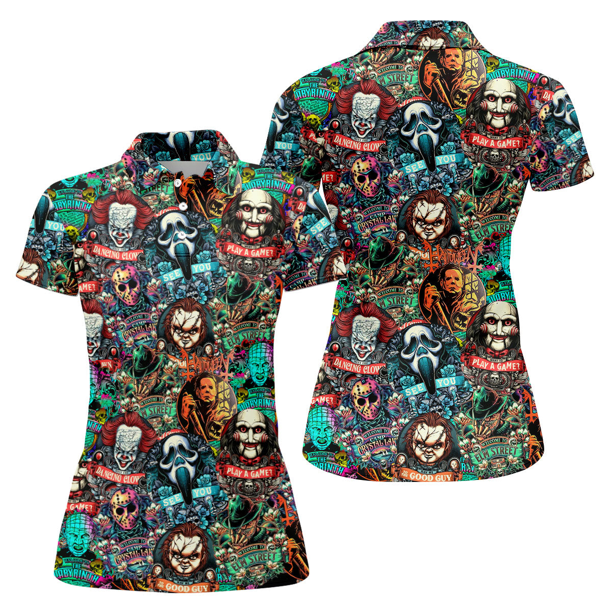 Play A Game Horror Character Golf Polo Shirt, Women's Halloween Shirt, Women's Golf Polo