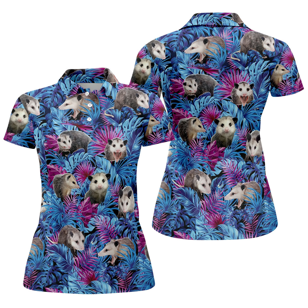 Funny Opossum Blue Purple Hawaiian Golf Shirt, Tropical Theme Golf Shirt For Women