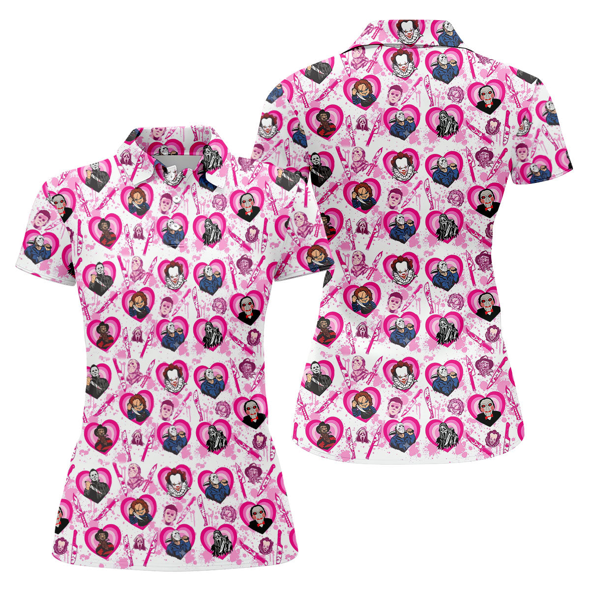 Pink Horror Character Pattern Golf Polo Shirt for Women Halloween Golf Apparel Ladies Golf Shirts