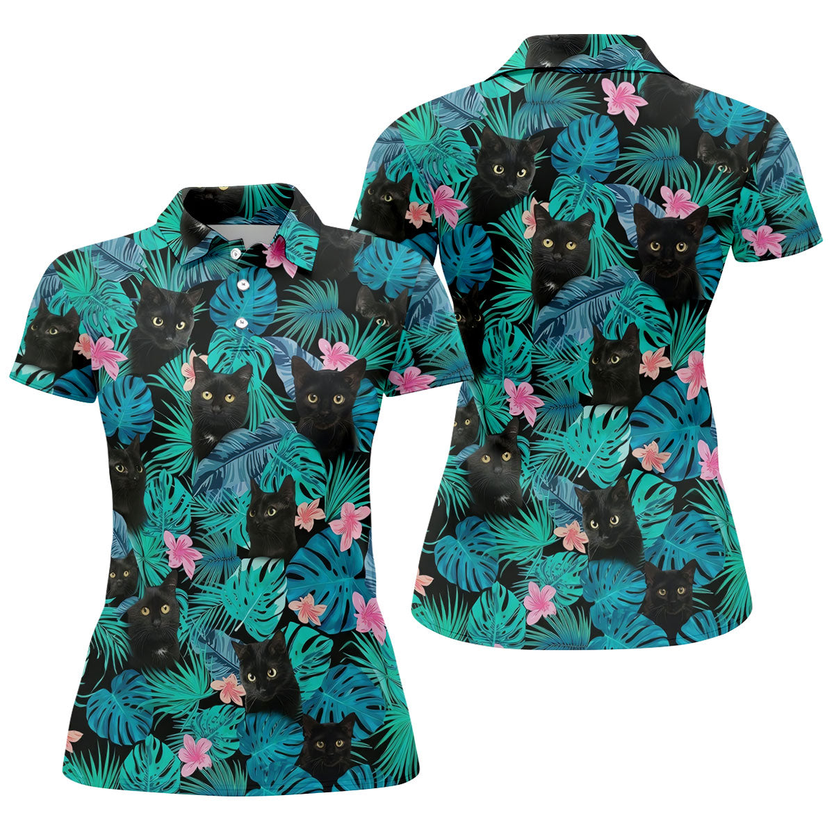 Black Cat Tropical Monstera Hawaiian Golf Polo Shirt, Golf Shirts For Women, Women's Golf Apparel