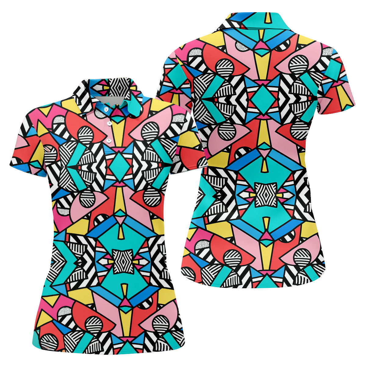 Abstract Geometric Pop Art Golf Polo Shirt, Women's Golf Tops, Women’s Golf Apparel
