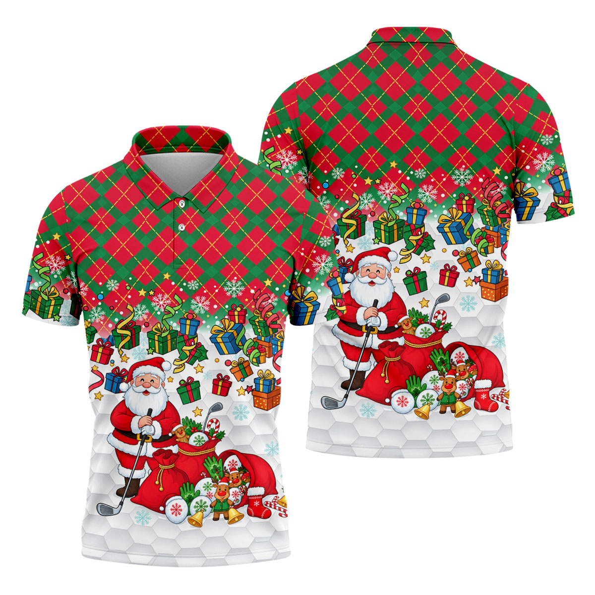 Christmas Santa Golfer and Gifts Polo Shirt, Printed Golf Shirts, Mens Golf Polo