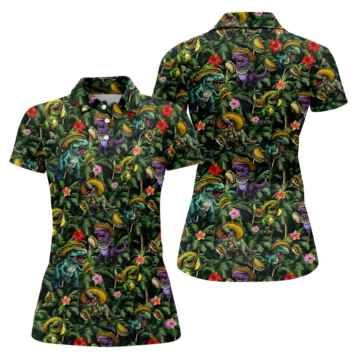 Hawaiian Dinosaur Sombreros Tacos Cinco De Mayo Celebration Fiesta Themed Golf Shirt For Women