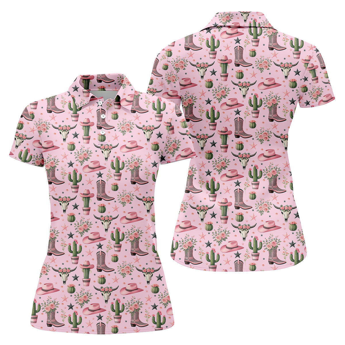 Pink Western Boots Roses Cactus Pattern Hawaiian Golf Shirt, Printed Golf Shirt, Women’s Golf Apparel