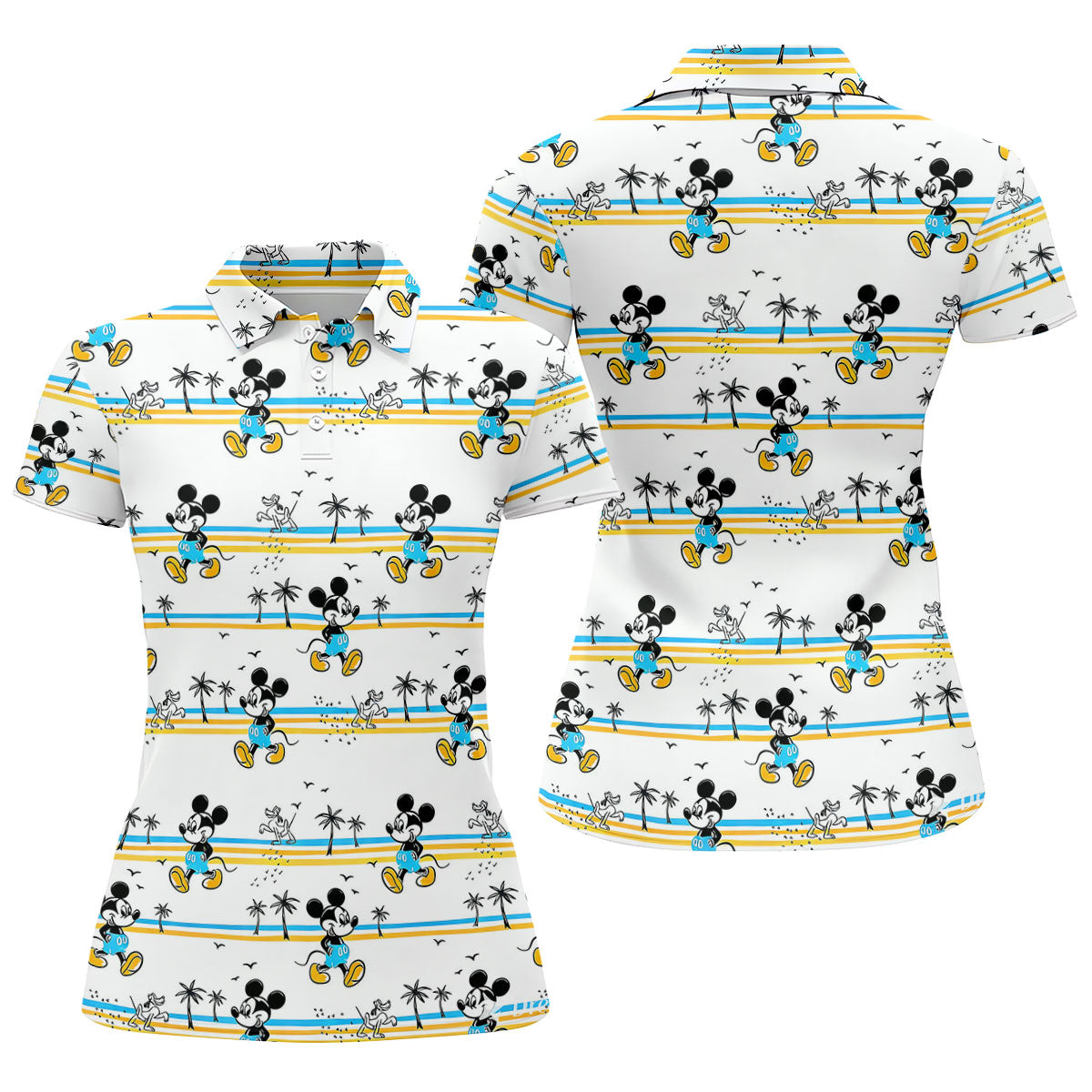 Retro Beach Stripe Cartoon Golf Polo Shirt, Women's Golf Tops, Ladies Golf Tops