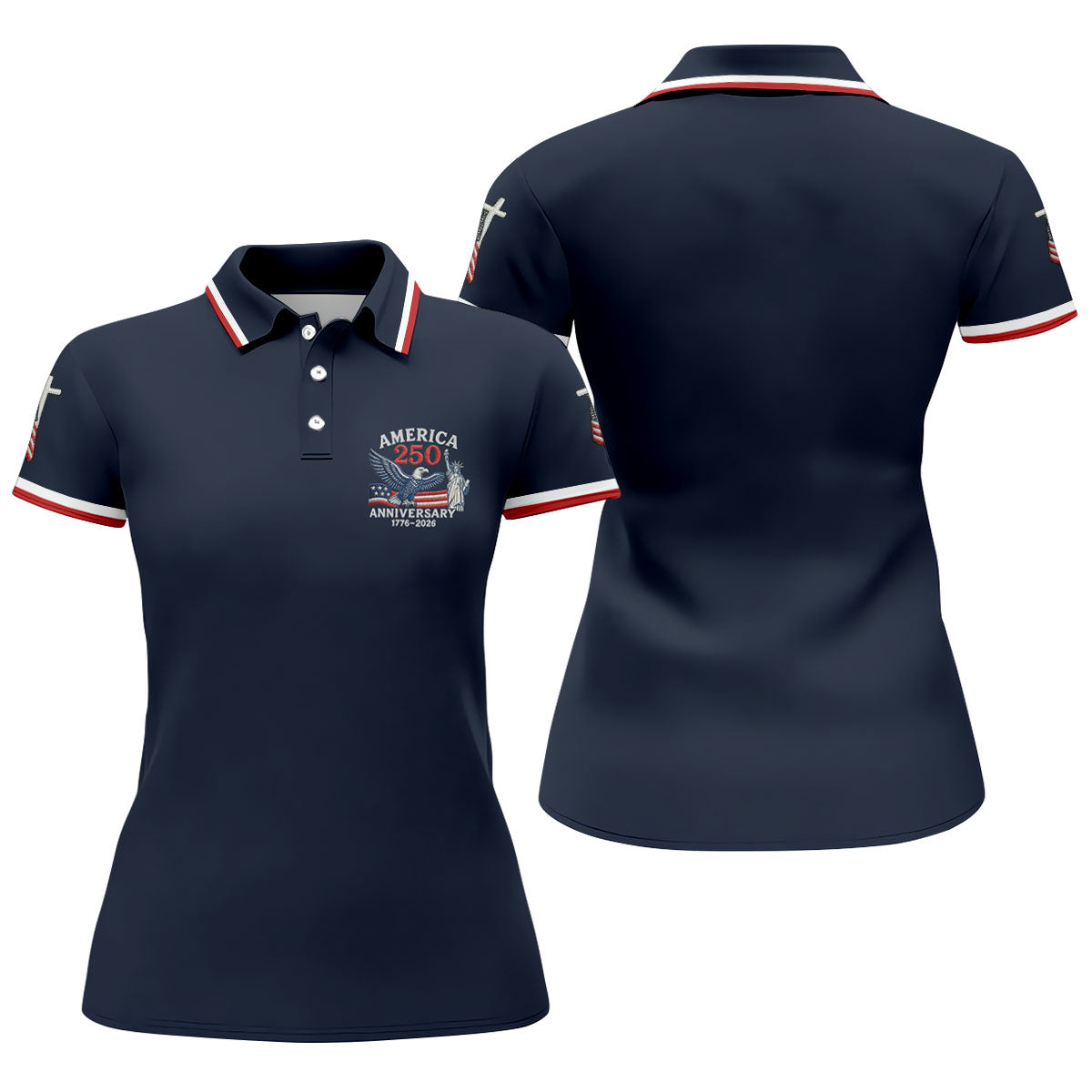 Faith Cross Bald Eagle America 250 Anniversary Navy Patriotic Golf Shirt, Golf Shirt For Women