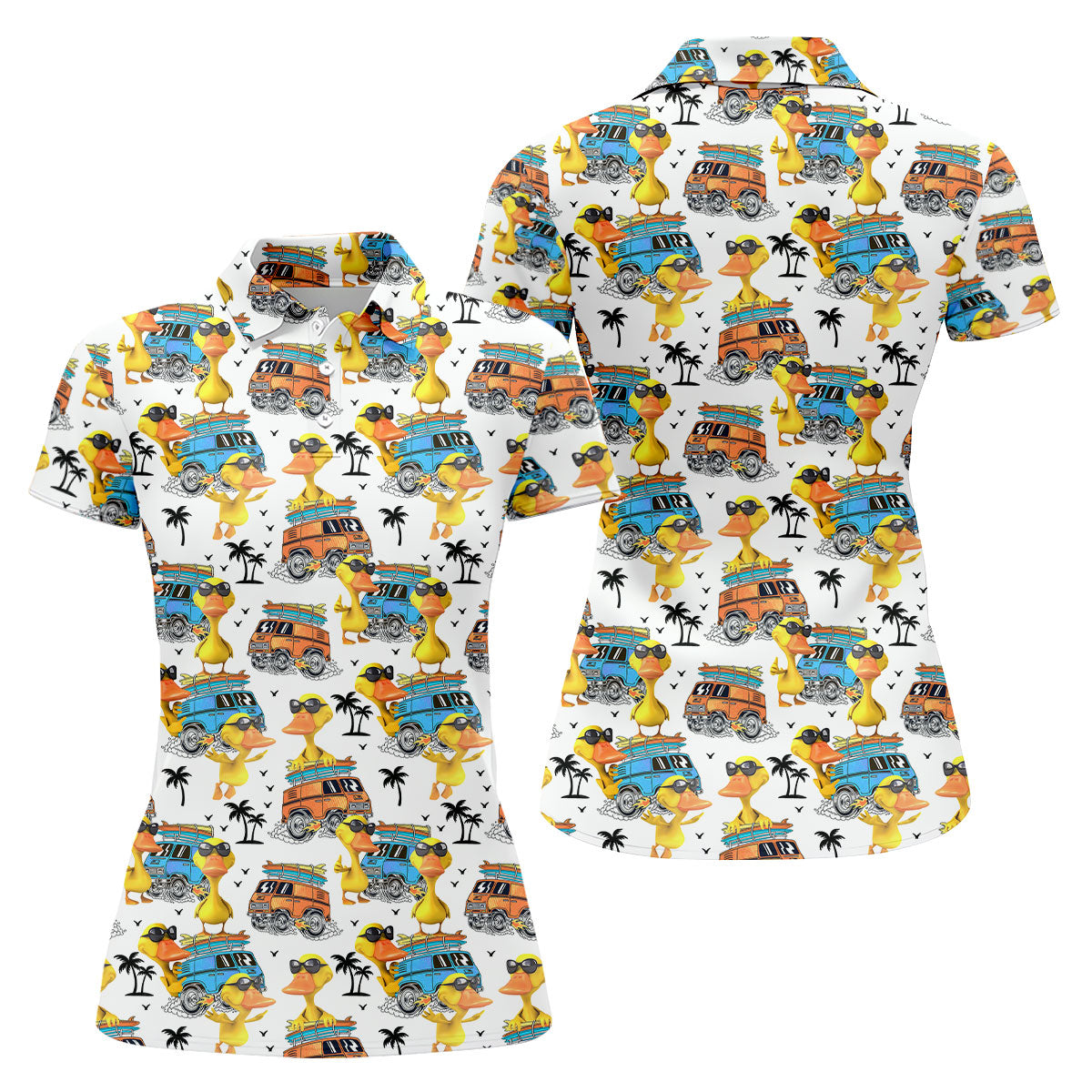 Cool Duck Surf Van Beach Golf Shirt, Women’s Golf Polo, Ladies Golf Tops, Printed Golf Shirt