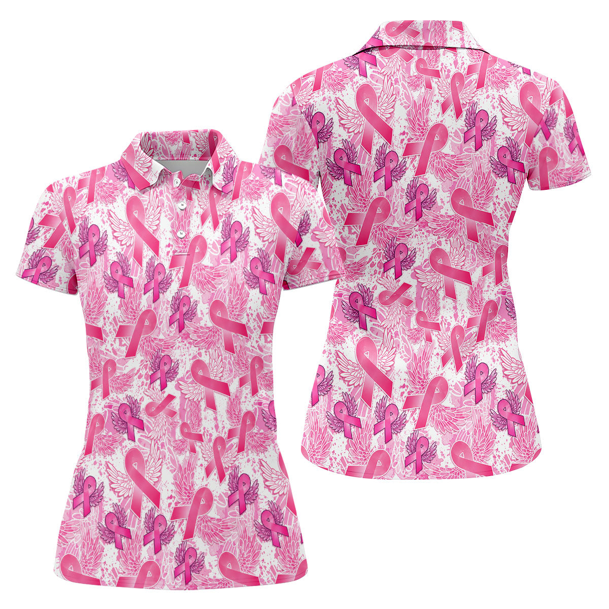 Breast Cancer Pink Ribbon Angel Wings Polo Shirt, Women's Golf Polo, Golf Tops For Women
