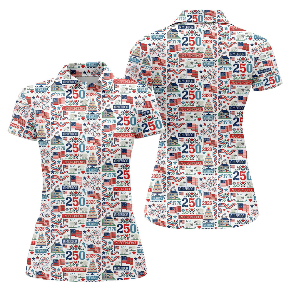 America Independence 250 Years White Golf Shirt, Patriotic 4th Of July Golf Shirt For Women