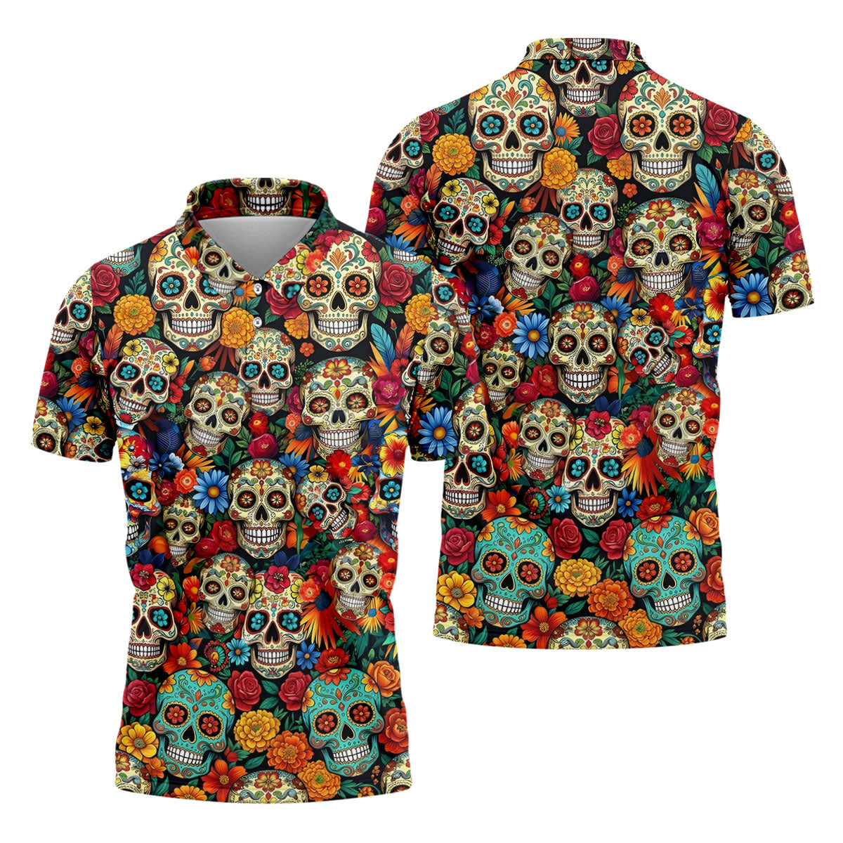 Sugar Skulls Cinco De Mayo Celebration Fiesta Golf Polo For Men, Floral Pattern Golf Shirts For Men