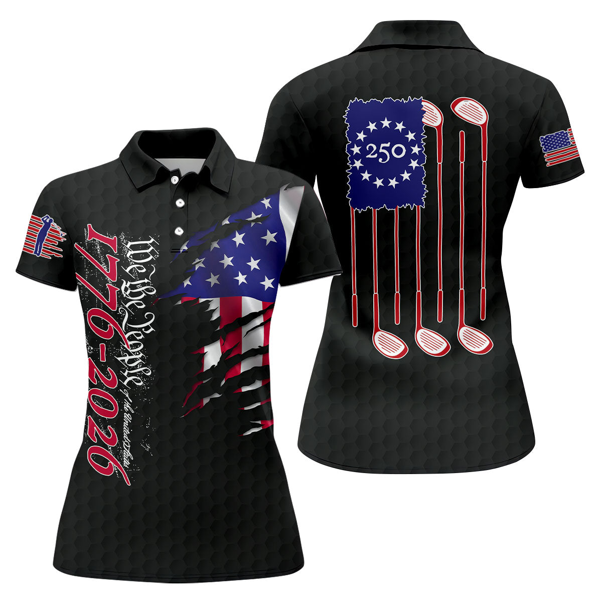 We The People Distressed American Flag Black Golf Shirt, 4th Of July Golf Shirt For Women