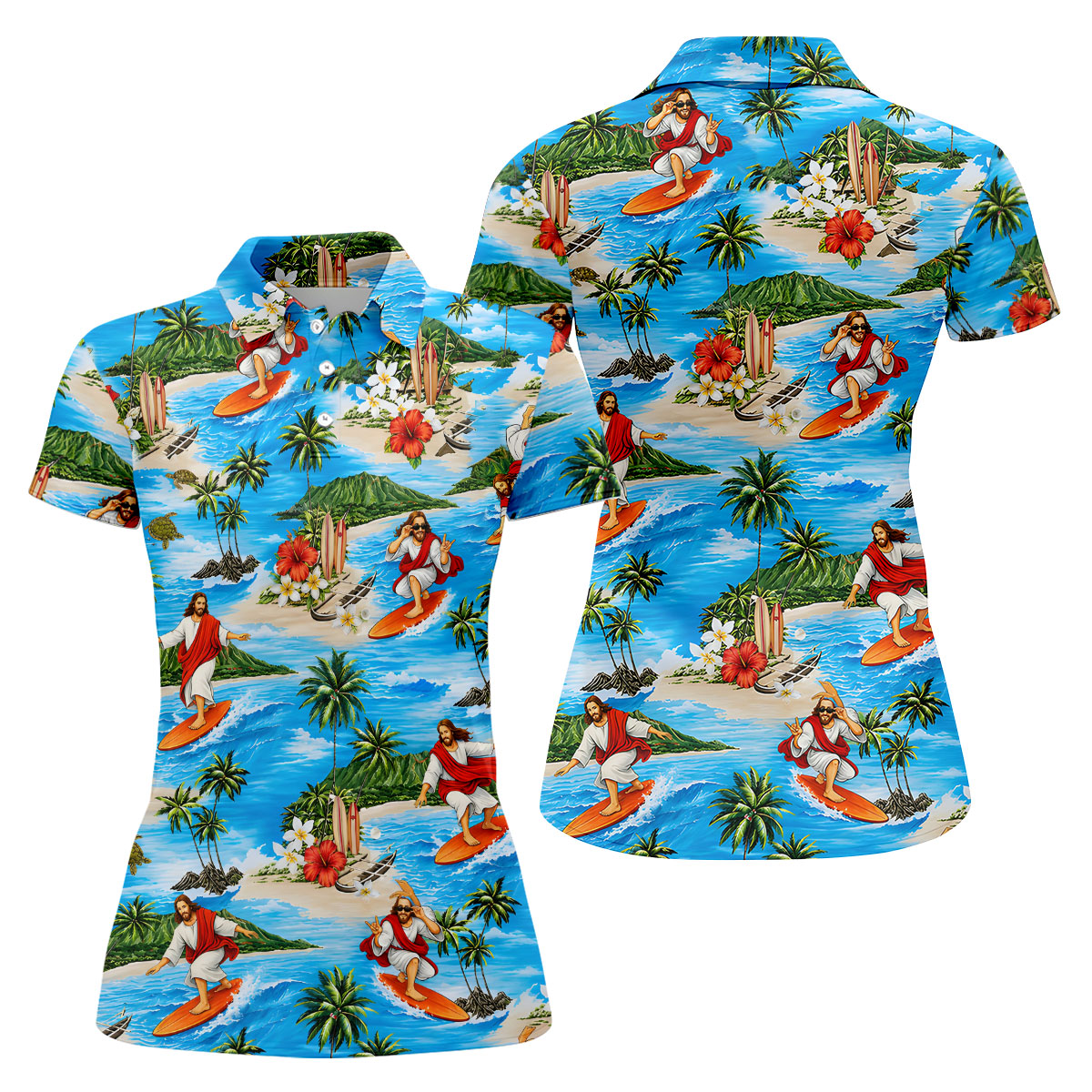 Funny Beach Surfer Jesus Hawaiian Golf Shirt, Golf Polo For Women, Printed Golf Shirt