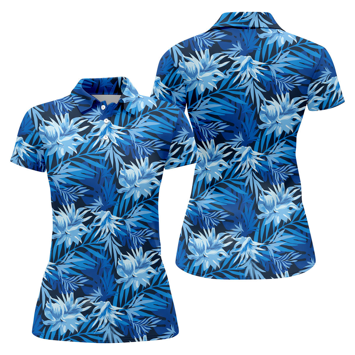 Blue Tropical Hibiscus Floral Golf Shirt, Womens Golf Tops, Women’s Golf Apparel