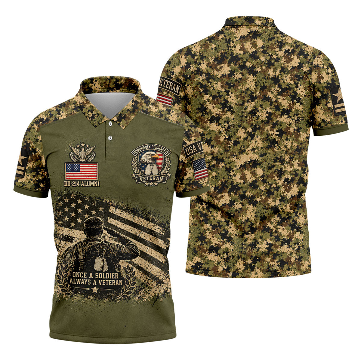 DD-214 Soldier Flag Camo Golf Polo Shirt, Mens Golf Apparel, Veterans Day Golf Shirt