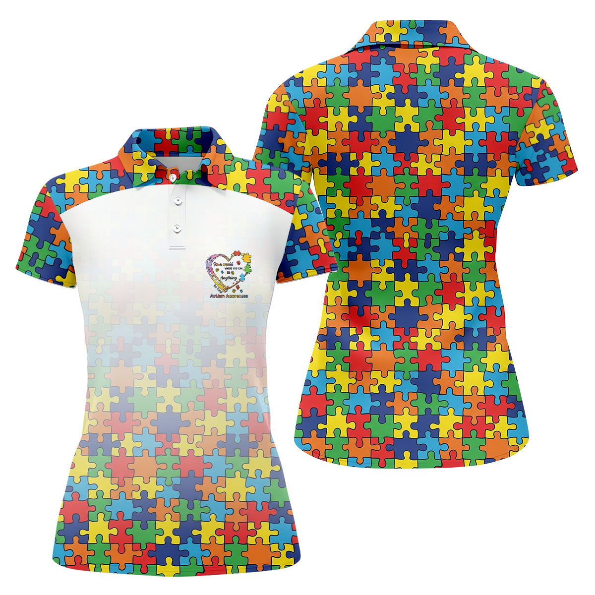 In A World Where You Can Be Anything Be Kind Autism Awareness Puzzle Pattern White Fade Women's Golf Tops