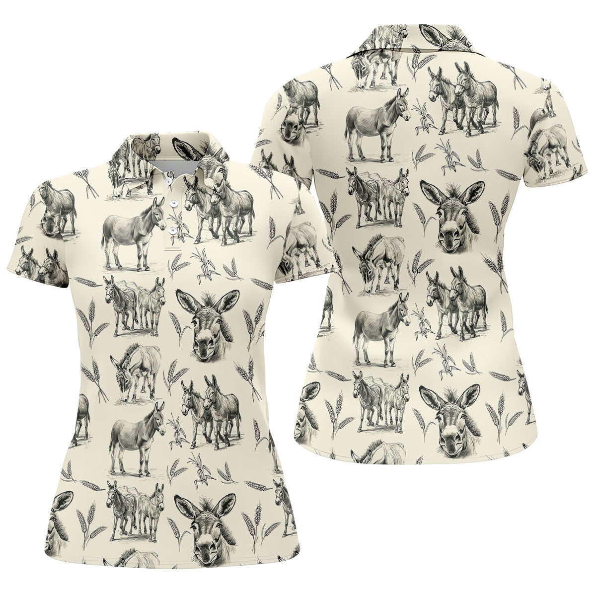 Vintage Donkey Sketch Pattern Hawaiian Golf Polo Shirt, Golf Shirts For Women, Women's Golf Apparel