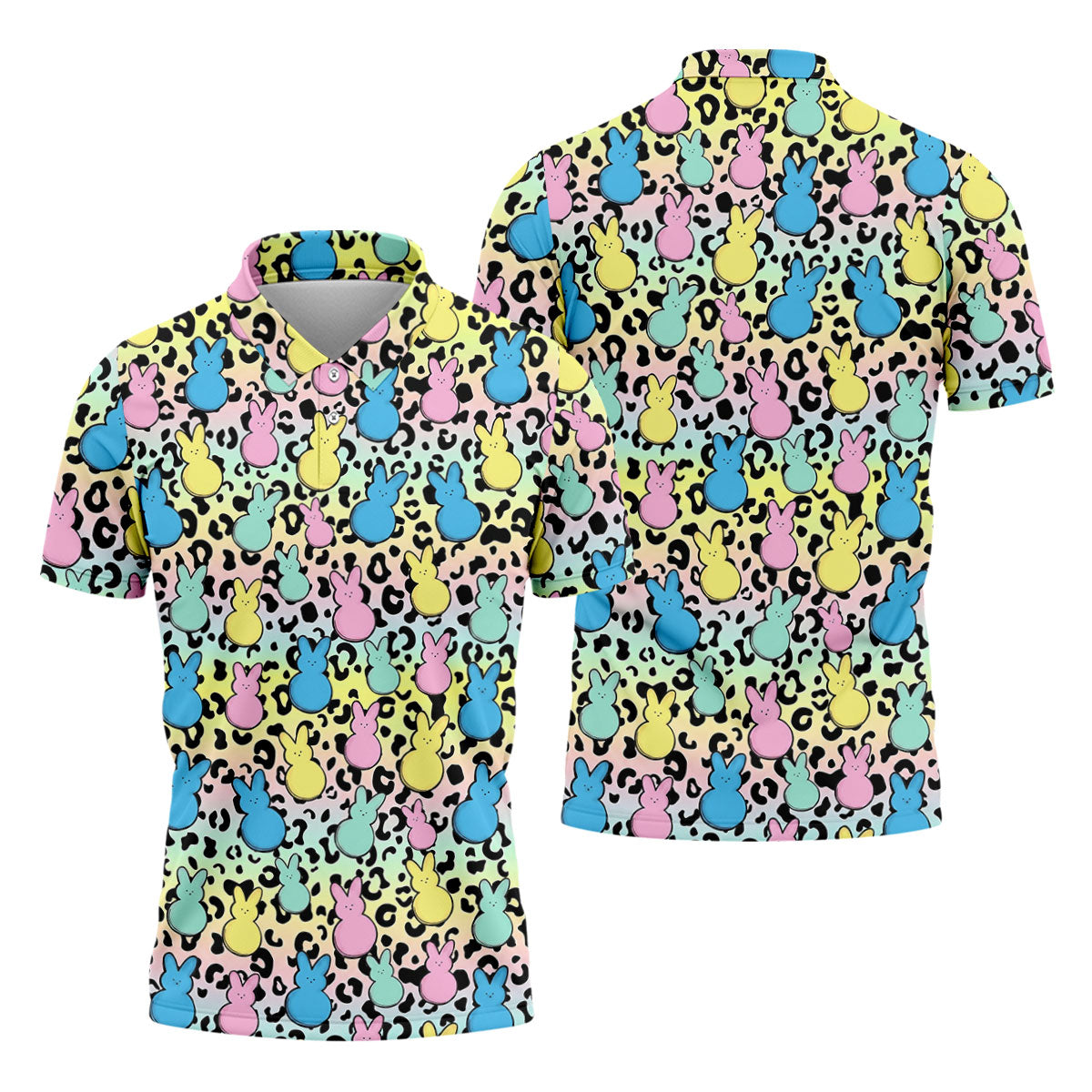 Pastel Easter Bunny Leopard Print Polo Shirt, Mens Golf Apparel, Hawaiian Golf Shirt, Printed Golf Shirts