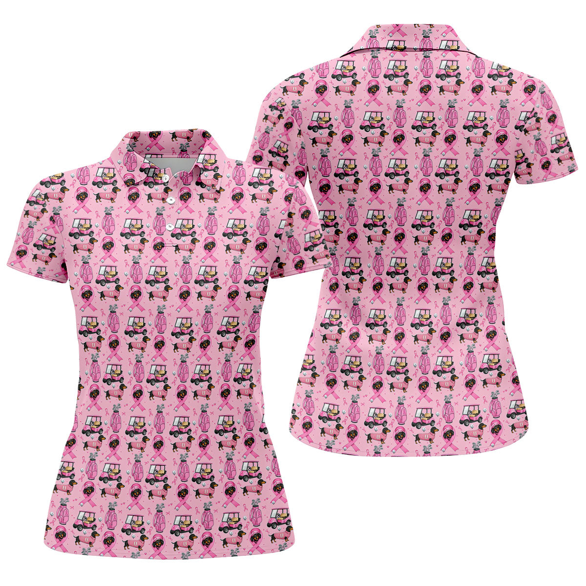 Cute Dog Golf Cart Breast Cancer Ribbon Polo Shirt, Ladies Golf Tops, Women’s Golf Polo