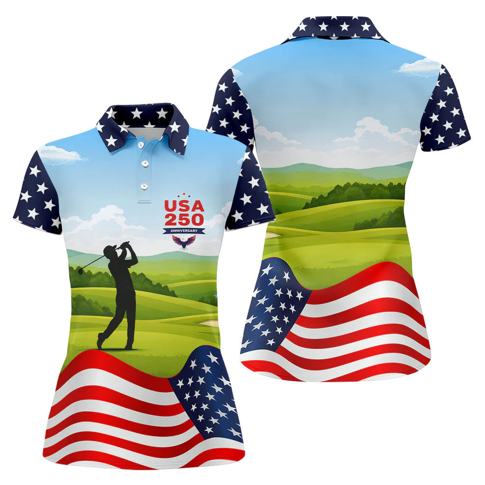USA 250th Anniversary American Flag Golf Shirt, Patriotic 4th Of July Golf Shirt For Women