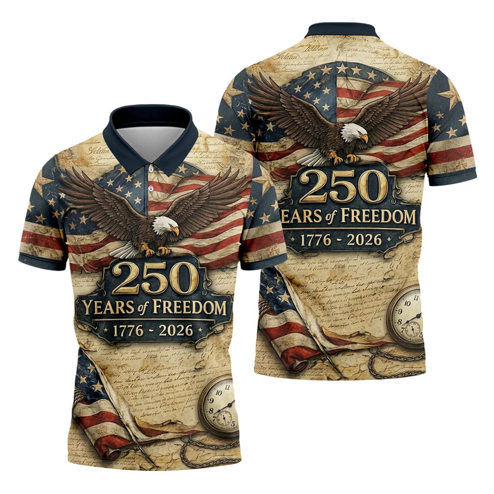 250 Years Of Freedom US Bald Eagle Retro Golf Shirt, Patriotic 4th Of July Golf Shirts For Men