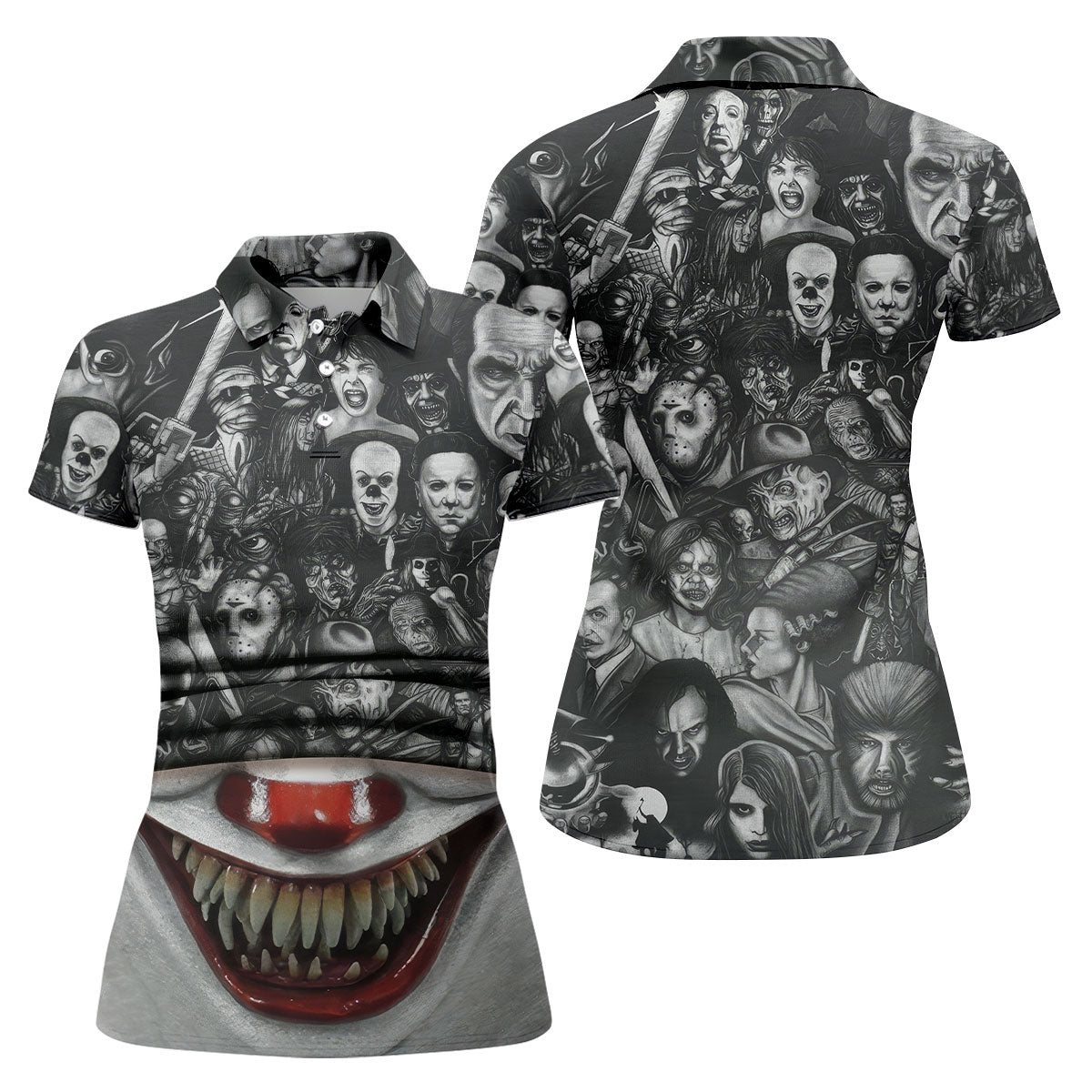 Sharp Teeth Clown Horror Character Halloween Polo Shirt, Womens Golf Tops, Ladies Golf Top