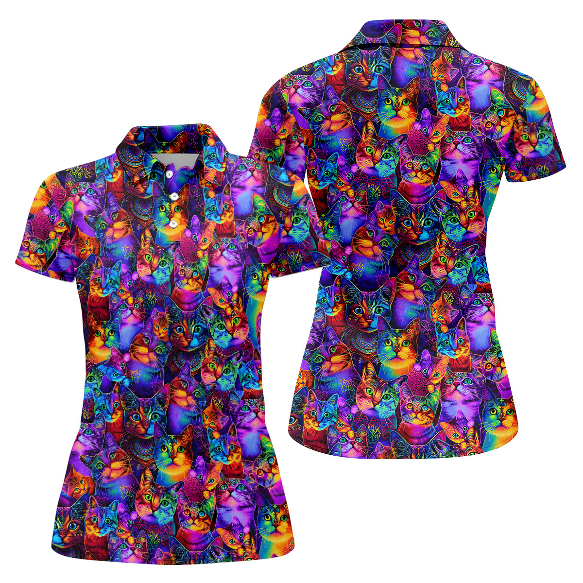 Psychedelic Cat Golf Shirt, Colorful Neon Cat Pattern, Polo Shirts For Women