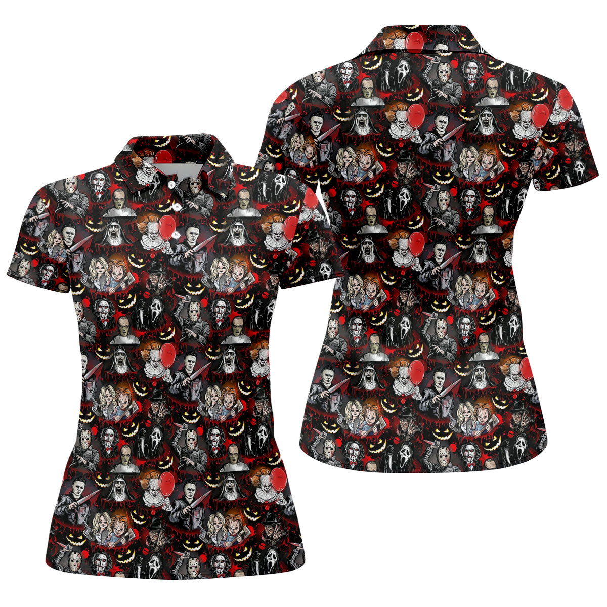 Horror Character Halloween Pattern Golf Polo Shirt, Womens Golf Polo, Ladies Golf Shirts
