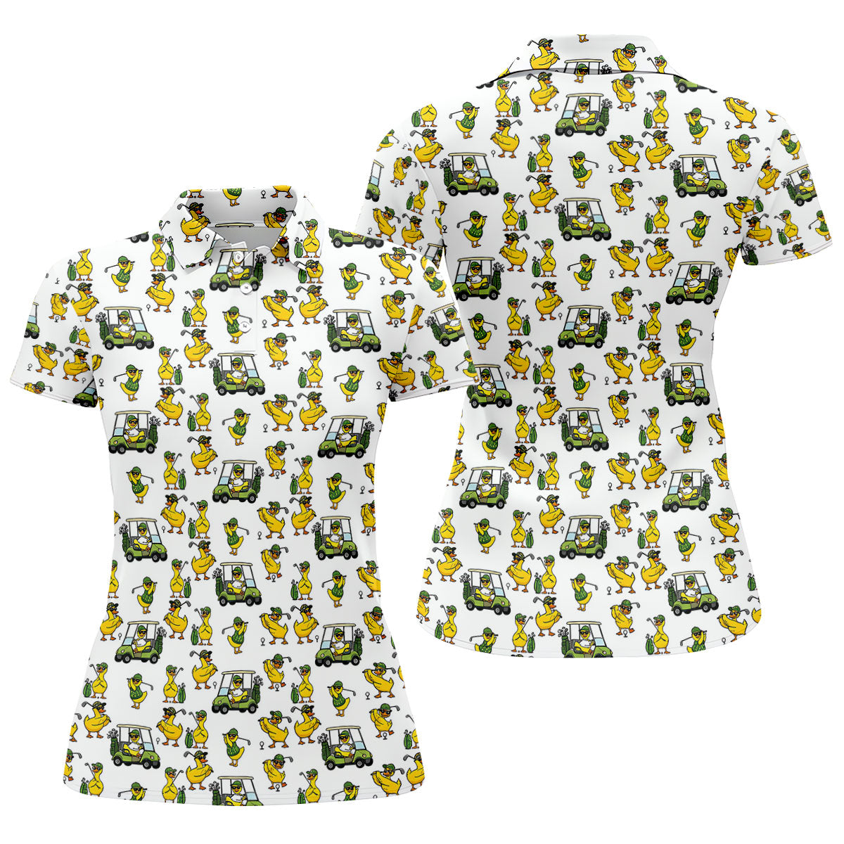 Funny Duck And Golf Cart Pattern Polo Shirt, Womens Golf Polo, Golf Apparel For Women