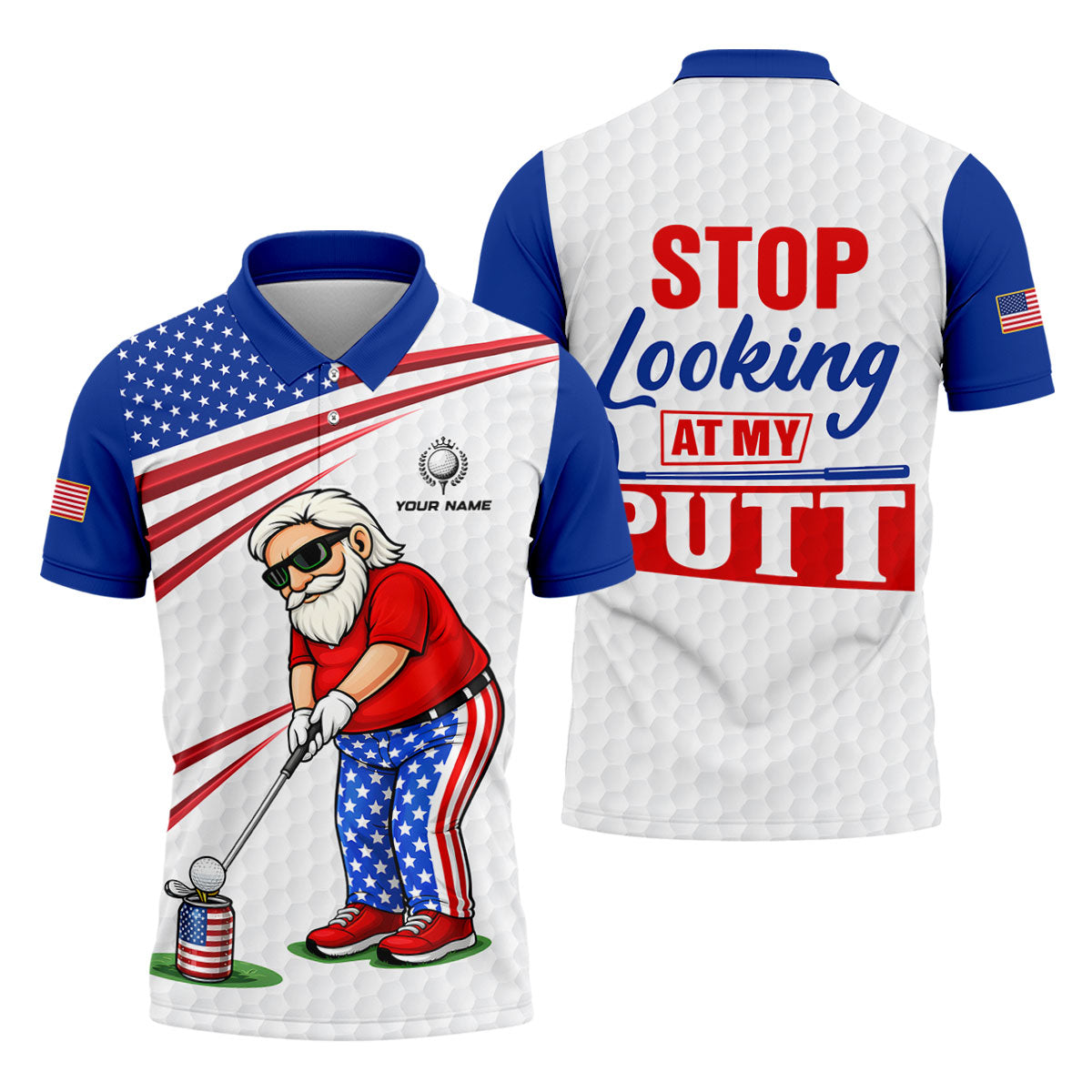 Stop Looking At My Putt Golf Ball Pattern 250 Years Patriotic 4th Of July Golf Shirts For Men