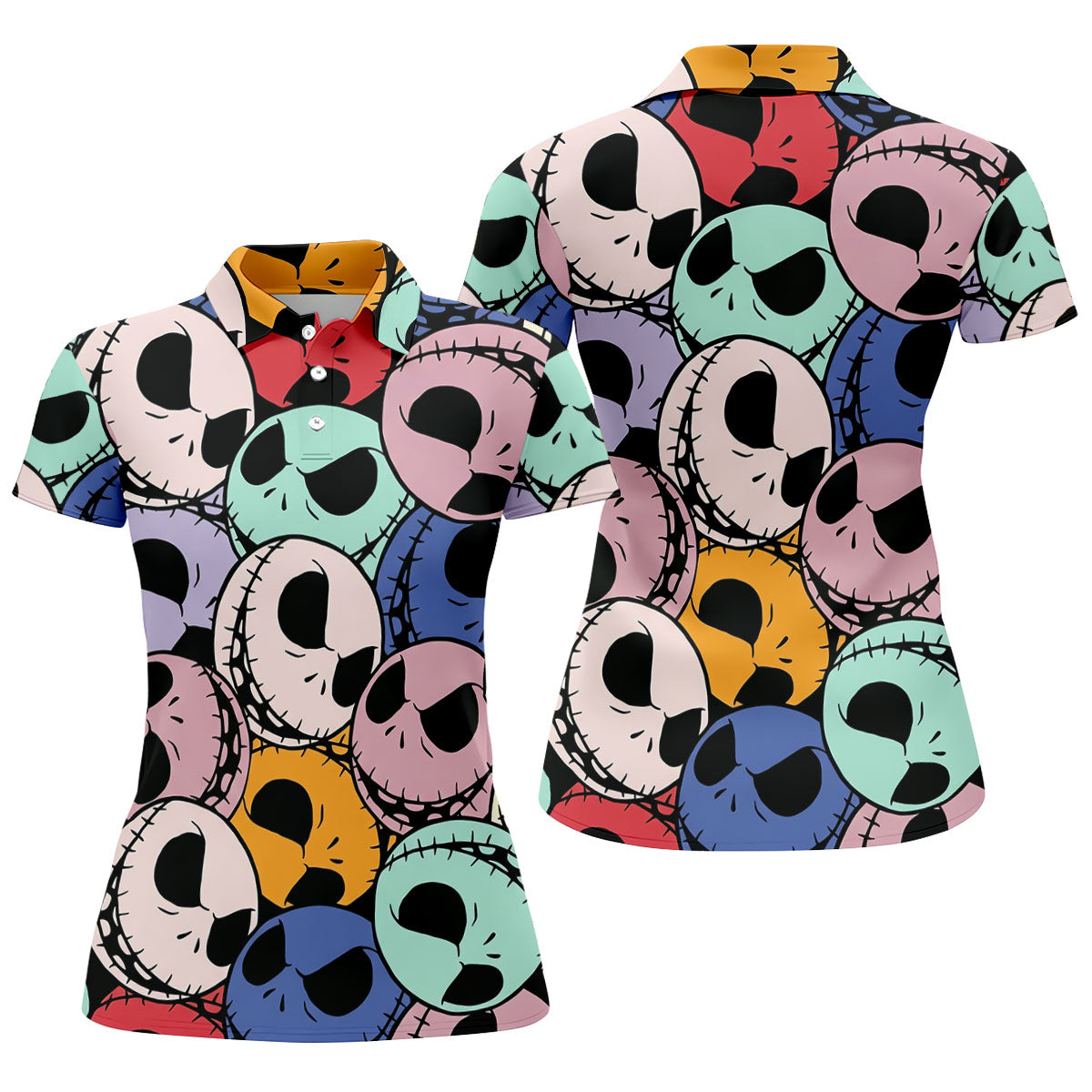 Colorful Cartoon Skull Halloween Golf Polo Shirt, Women’s Golf Polo, Ladies Golf Tops