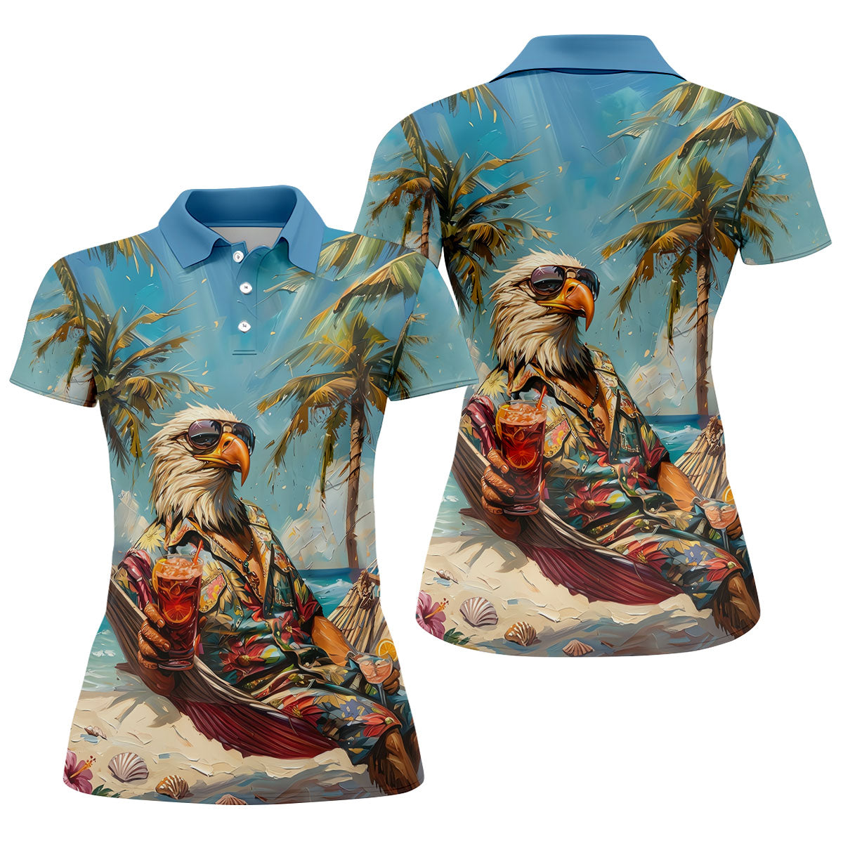 Cool Bald Eagle Tropical Vacation Hawaiian Golf Shirt, Vibrant Color Golf Shirt For Women