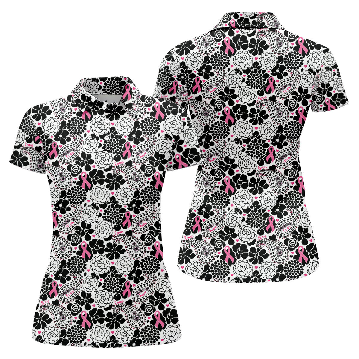 Pink Ribbon Floral Paisley Breast Cancer Golf Shirt, Women’s Golf Tops, Ladies Golf Shirts