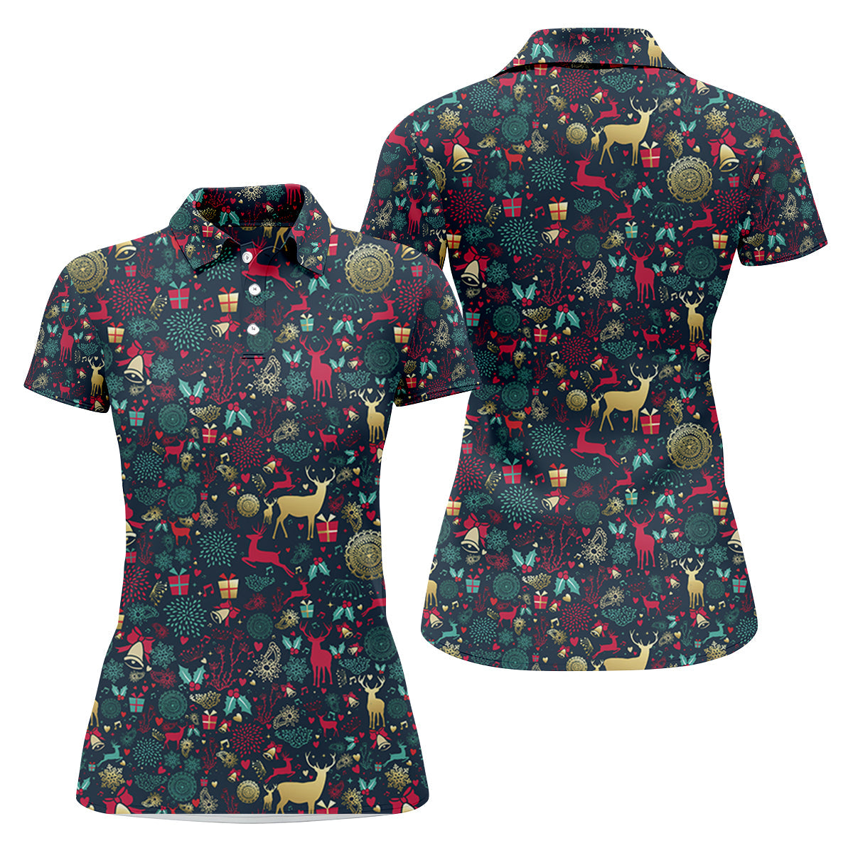 Vintage Reindeer Bell Dark Navy Christmas Golf Tops For Women, Gift Christmas Golf Shirt Polos, Ladies Golf Apparel