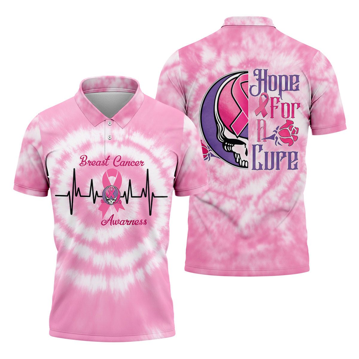 Hope For A Cure Tie Dye Skull Breast Cancer Polo Shirt, Mens Golf Polo, Printed Golf Shirts