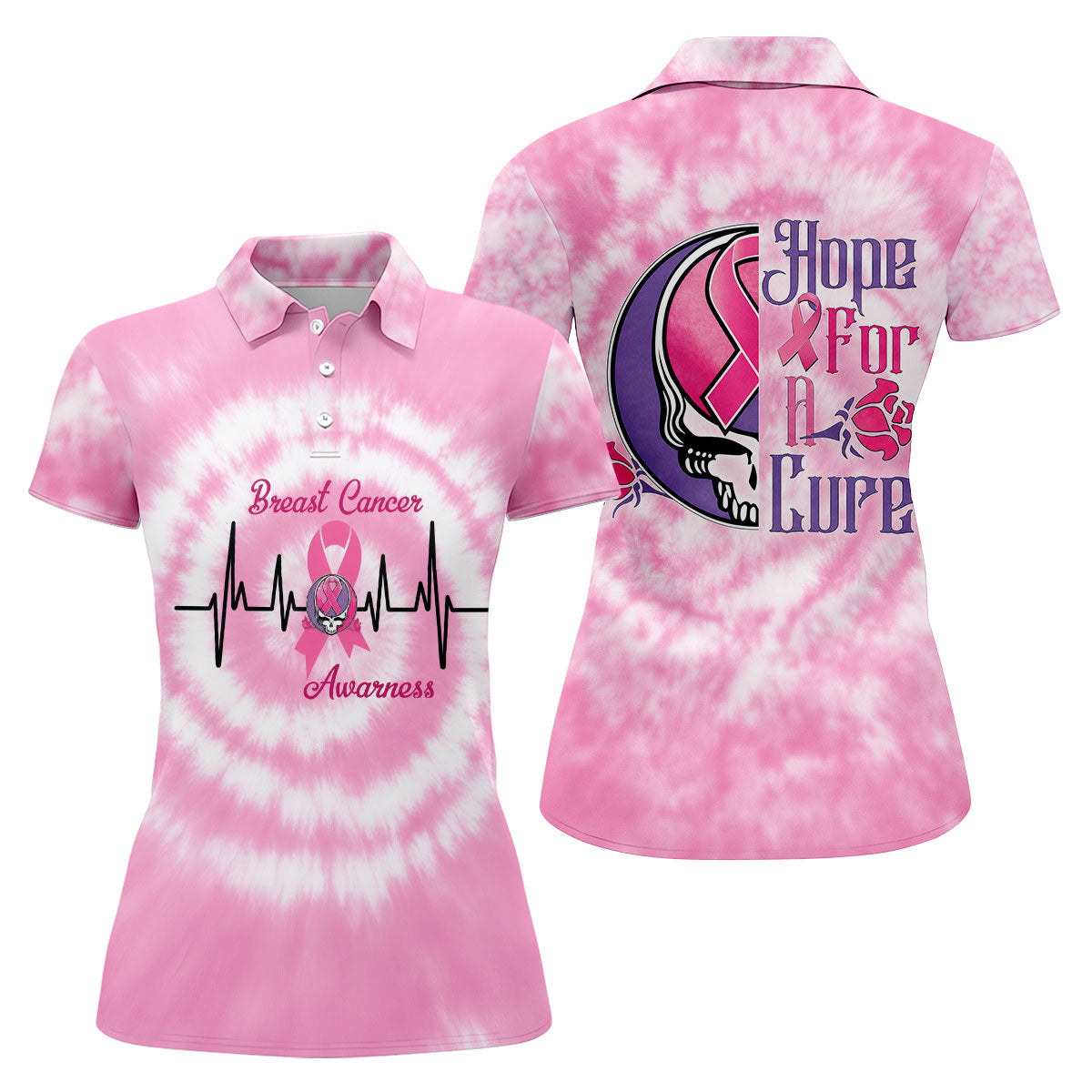 Hope For A Cure Tie Dye Skull Breast Cancer Polo Shirt, Golf Tops For Women, Women’s Golf Apparel