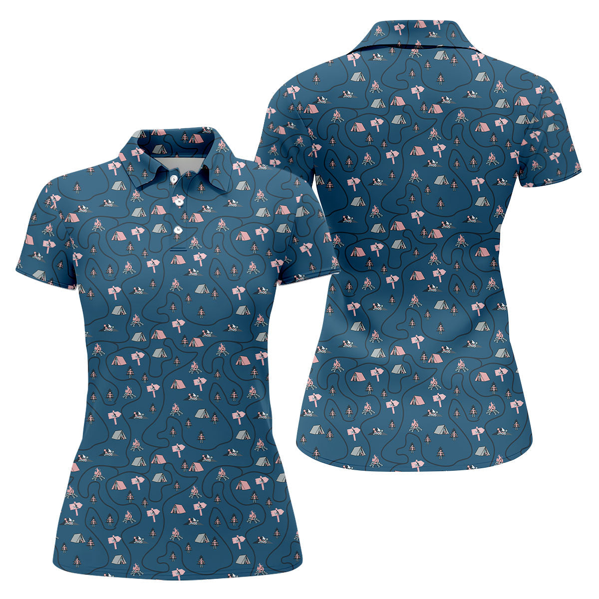 Funny Adult Camping Pattern Polo Shirt, Golf Shirts For Women, Ladies Golf Tops