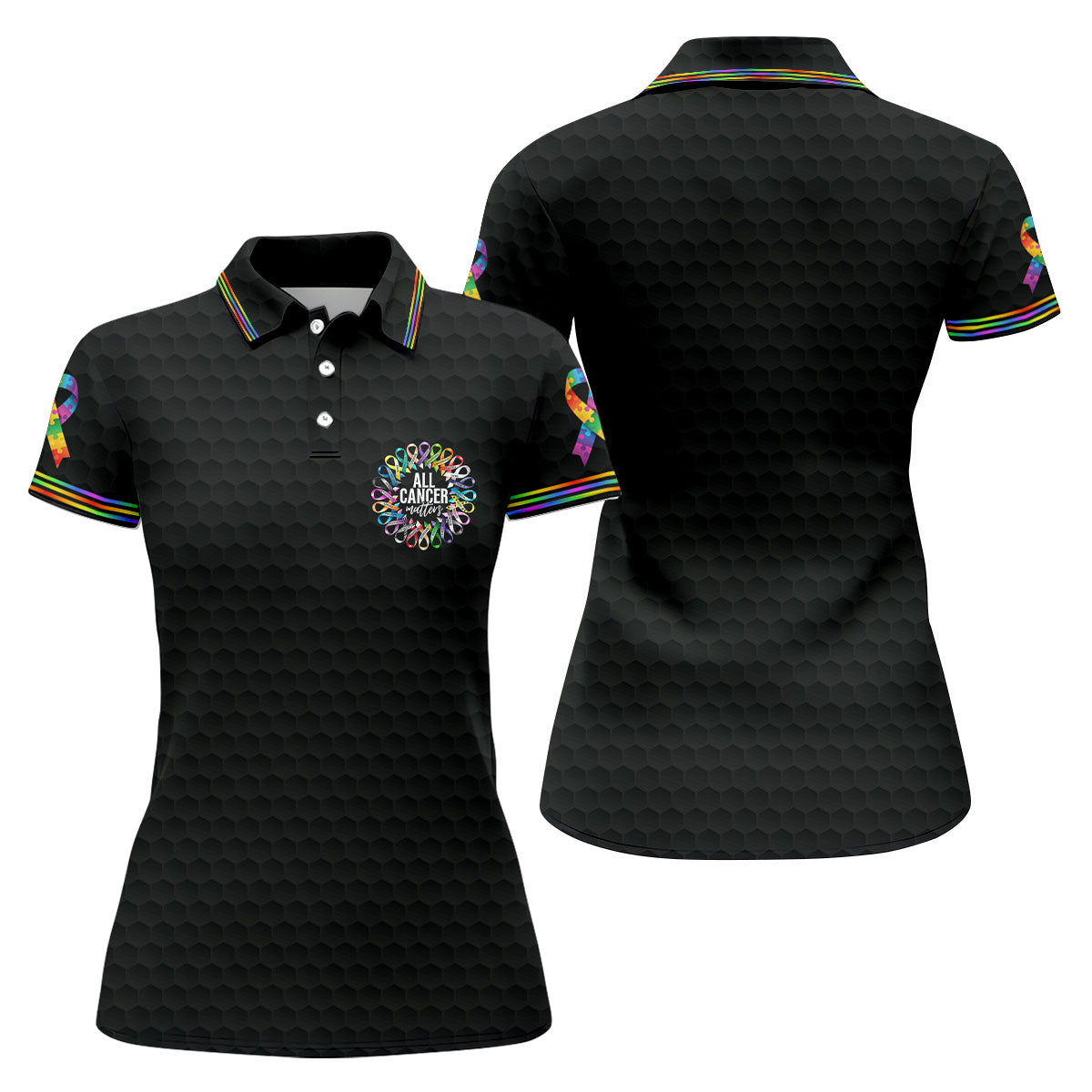All Cancer Matters Multicolor Ribbon Golf Polo Shirt, Womens Golf Tops, Golf Shirts For Women