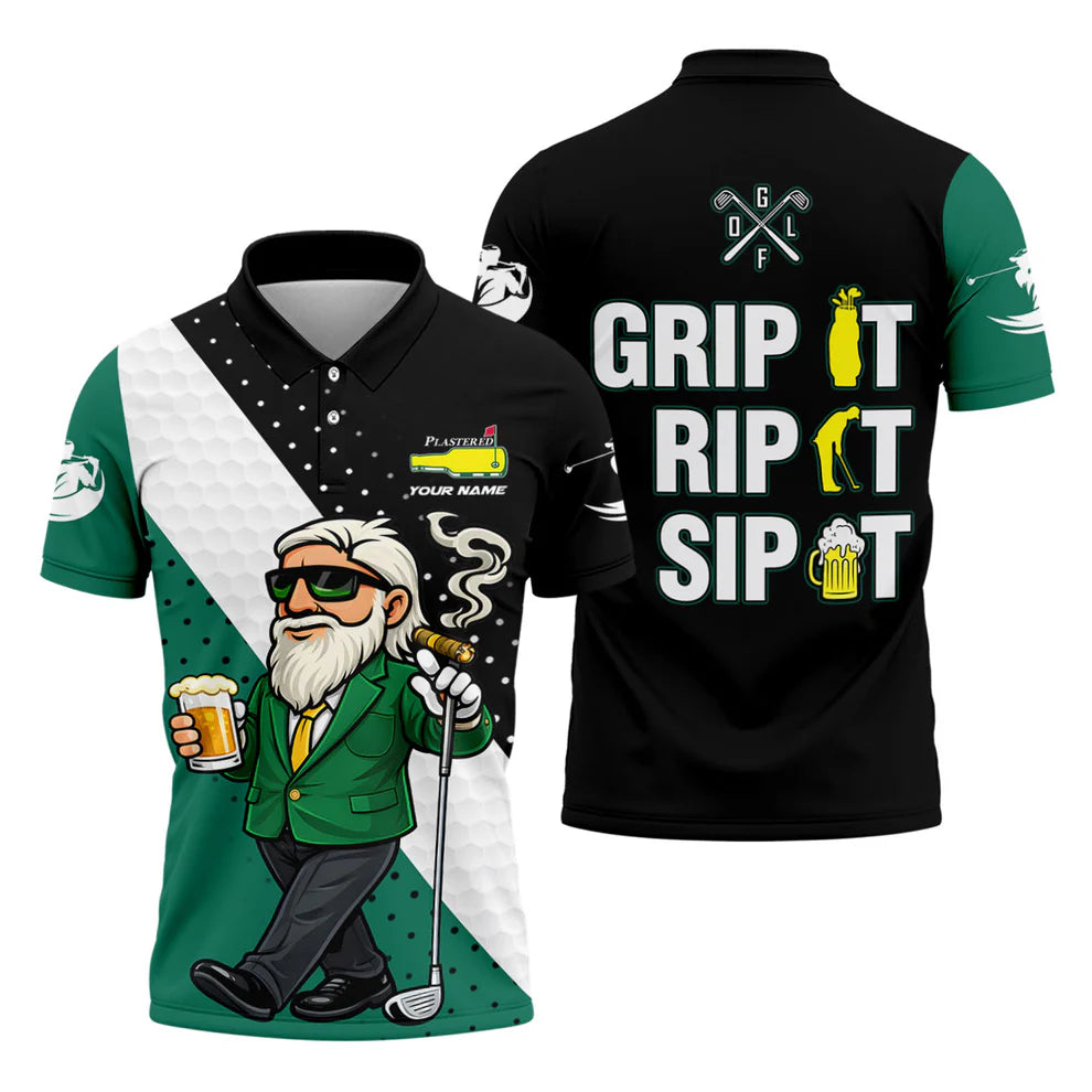Custom Name Grip It Rip It Sip It Golf Polo - Funny Beer & Golfing Men's Shirt, Plastered Beer Bottle Design Performance Top