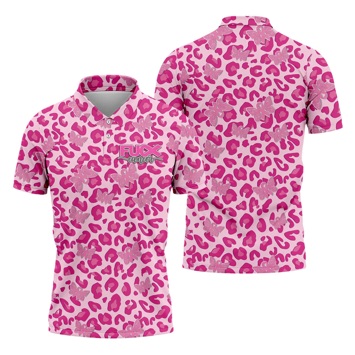 F*ck Cancer Leopard Butterfly Breast Cancer Polo Shirt, Men's Golf Shirt, Mens Golf Polo